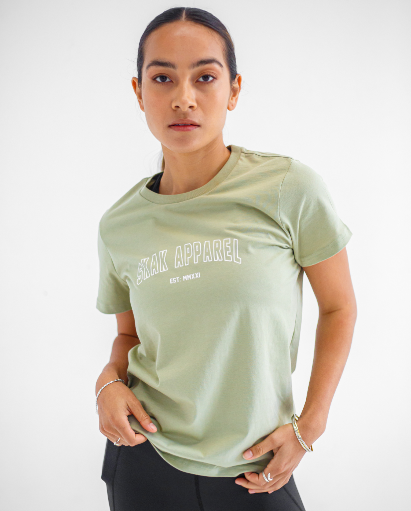 Stay motivated and stylish with our Ladies Athletic Tee in Pistachio, a versatile piece that effortlessly transitions from the gym to everyday wear